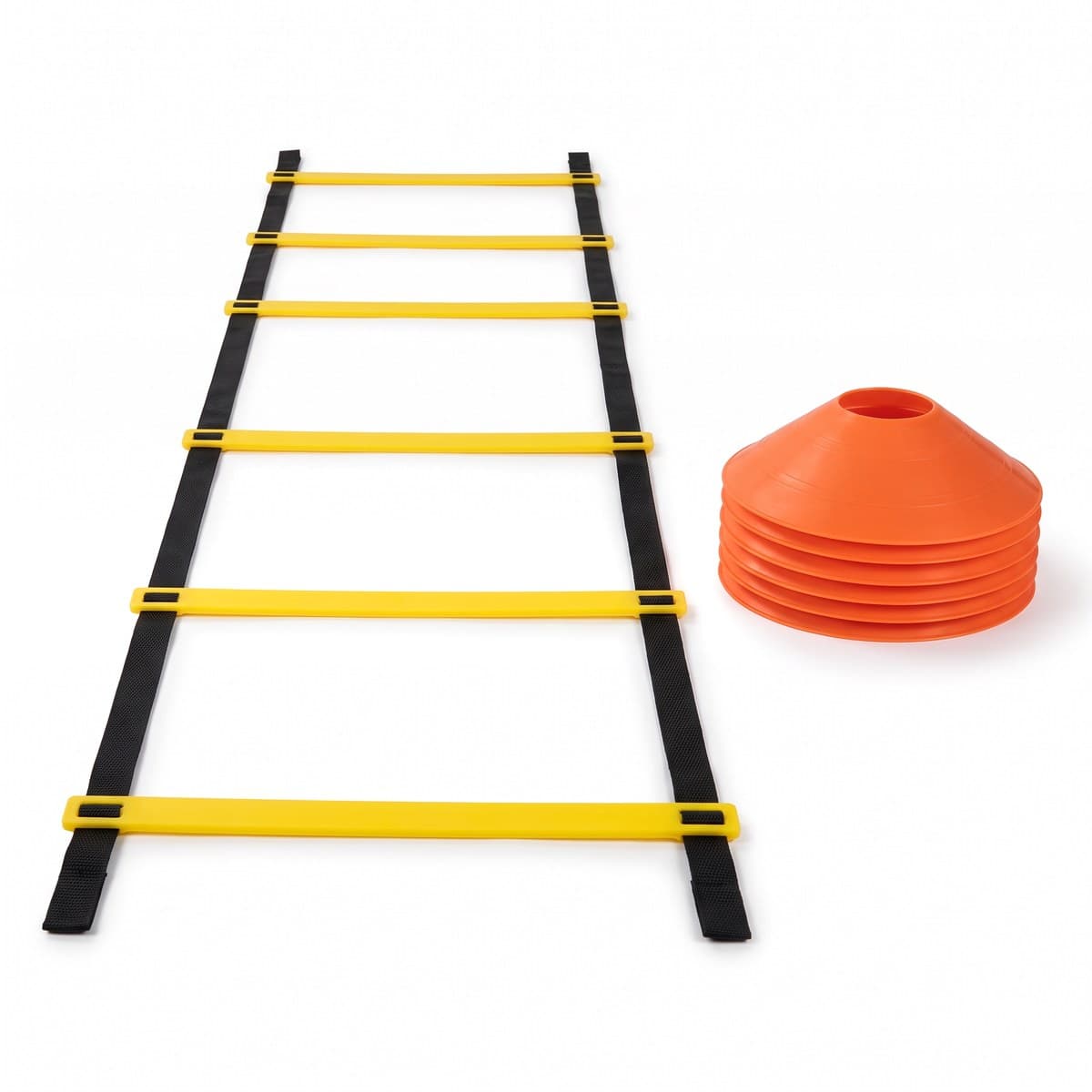 A six-rung yellow and black agility ladder laid out straight next to a stack of six orange disc cones