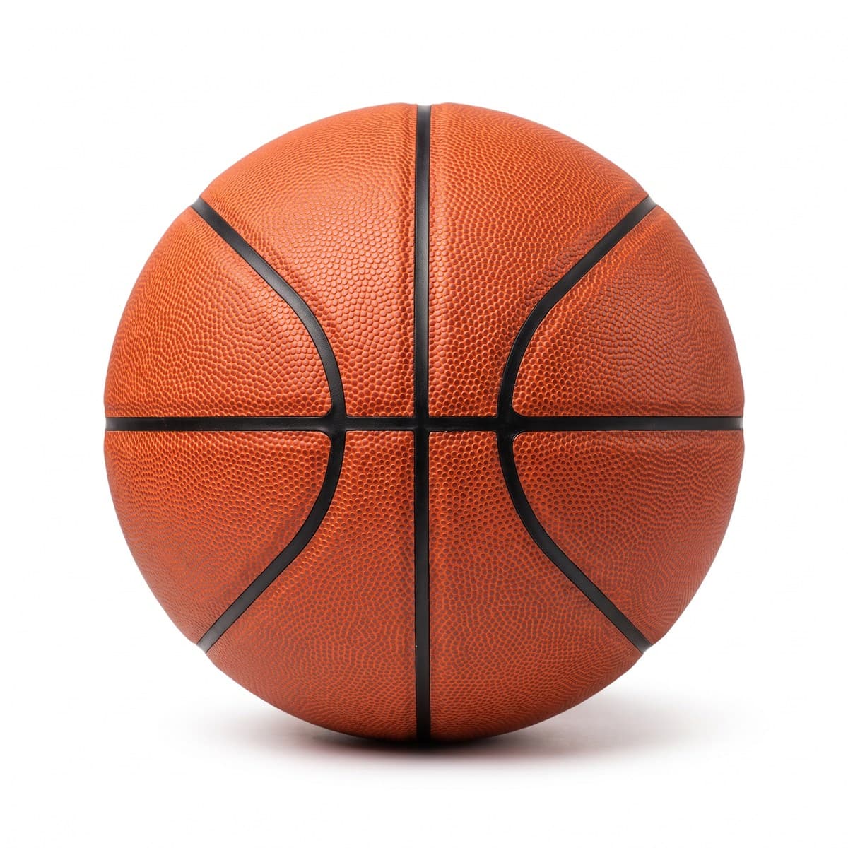 An orange composite leather basketball with black channels and a pebbled surface