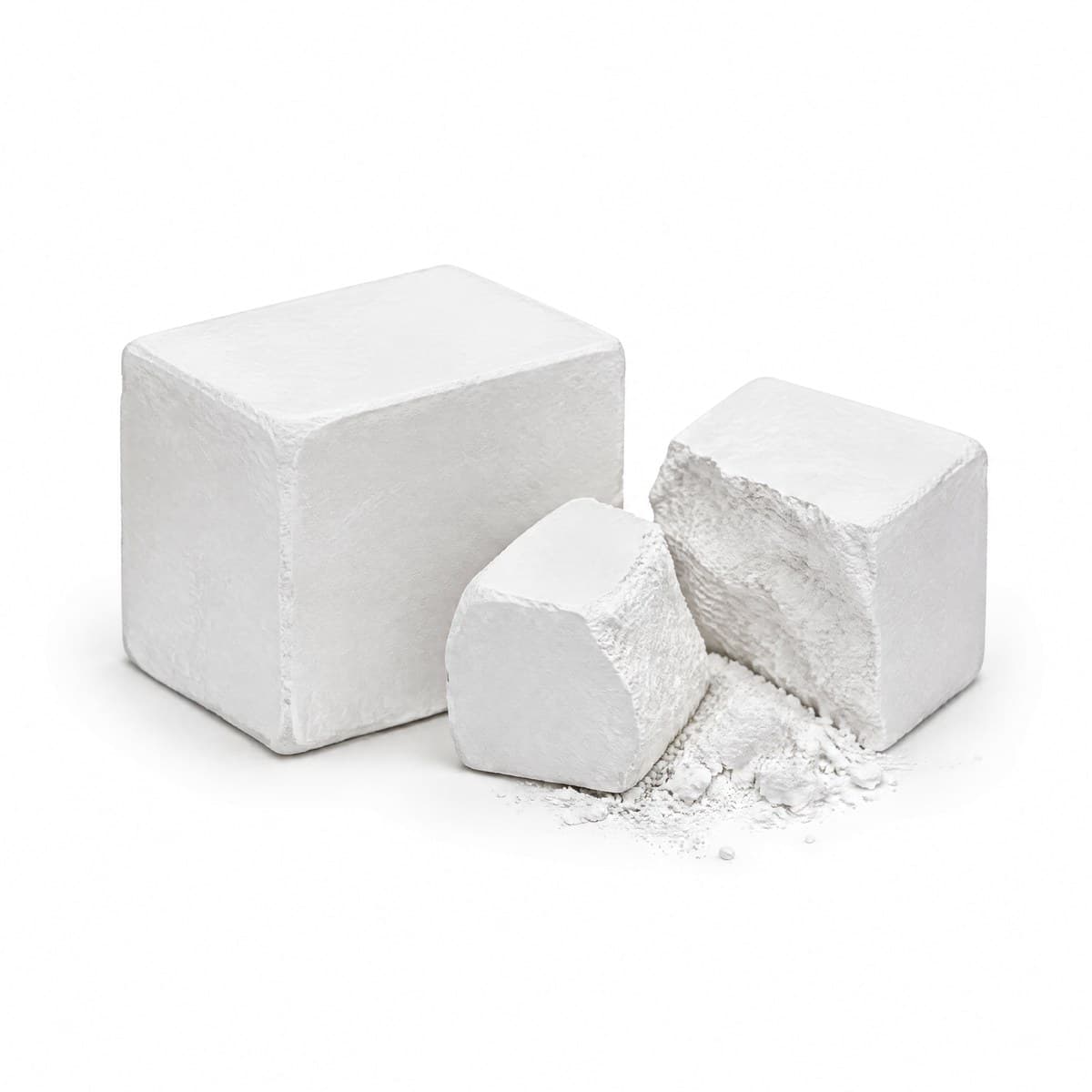 Two white gym chalk blocks, one whole and one broken in two with loose chalk beside the pieces