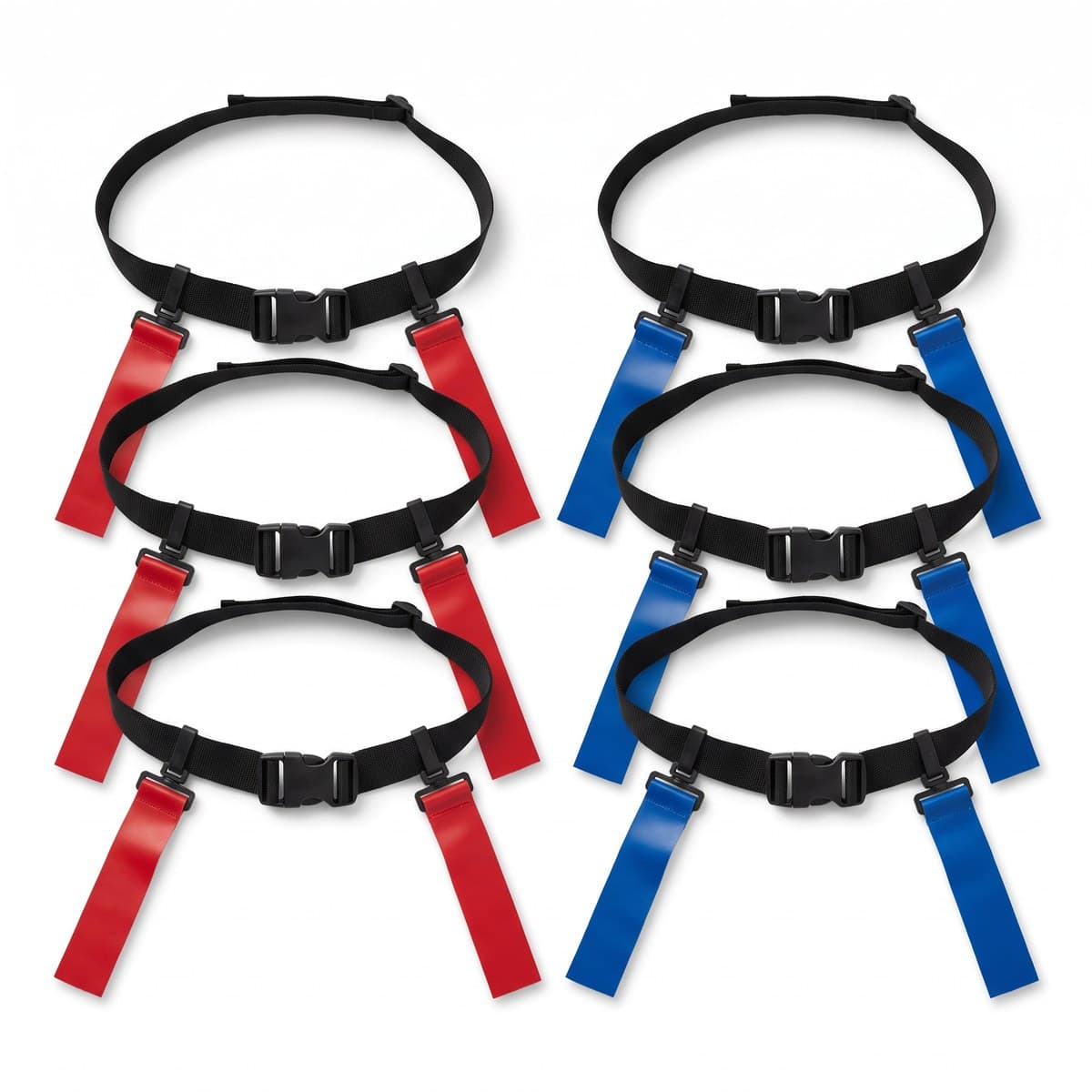 Black flag football belts laid out in two groups, three with red flags and three with blue flags