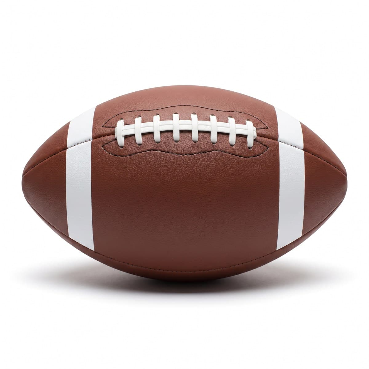 A brown composite leather football with white laces and two white stripes