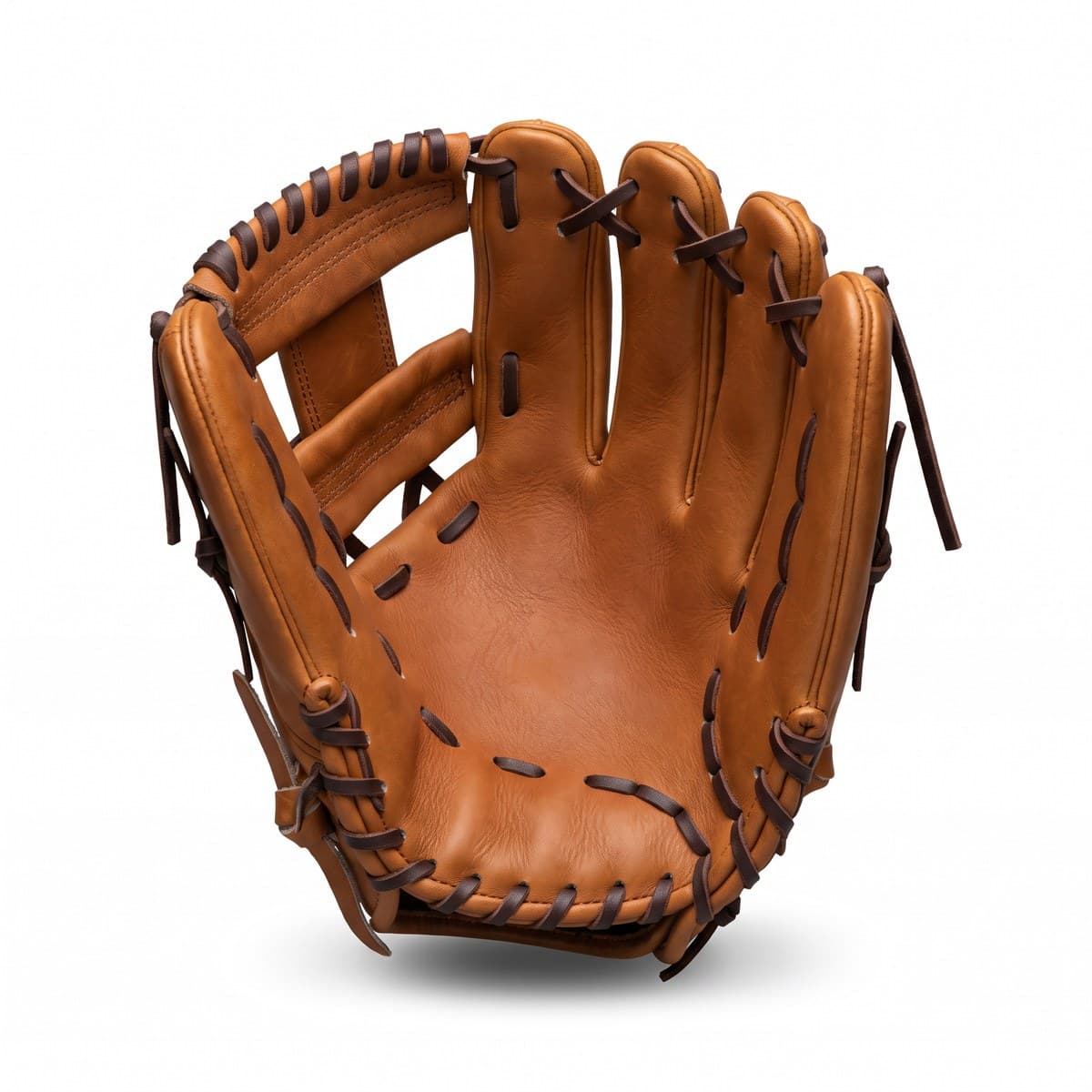 A tan leather baseball glove with dark brown lacing, palm facing the camera