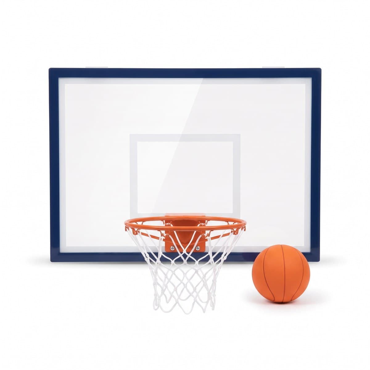 An over-the-door mini basketball hoop with a clear navy-edged backboard, an orange rim and a white net, with an orange foam ball beside it