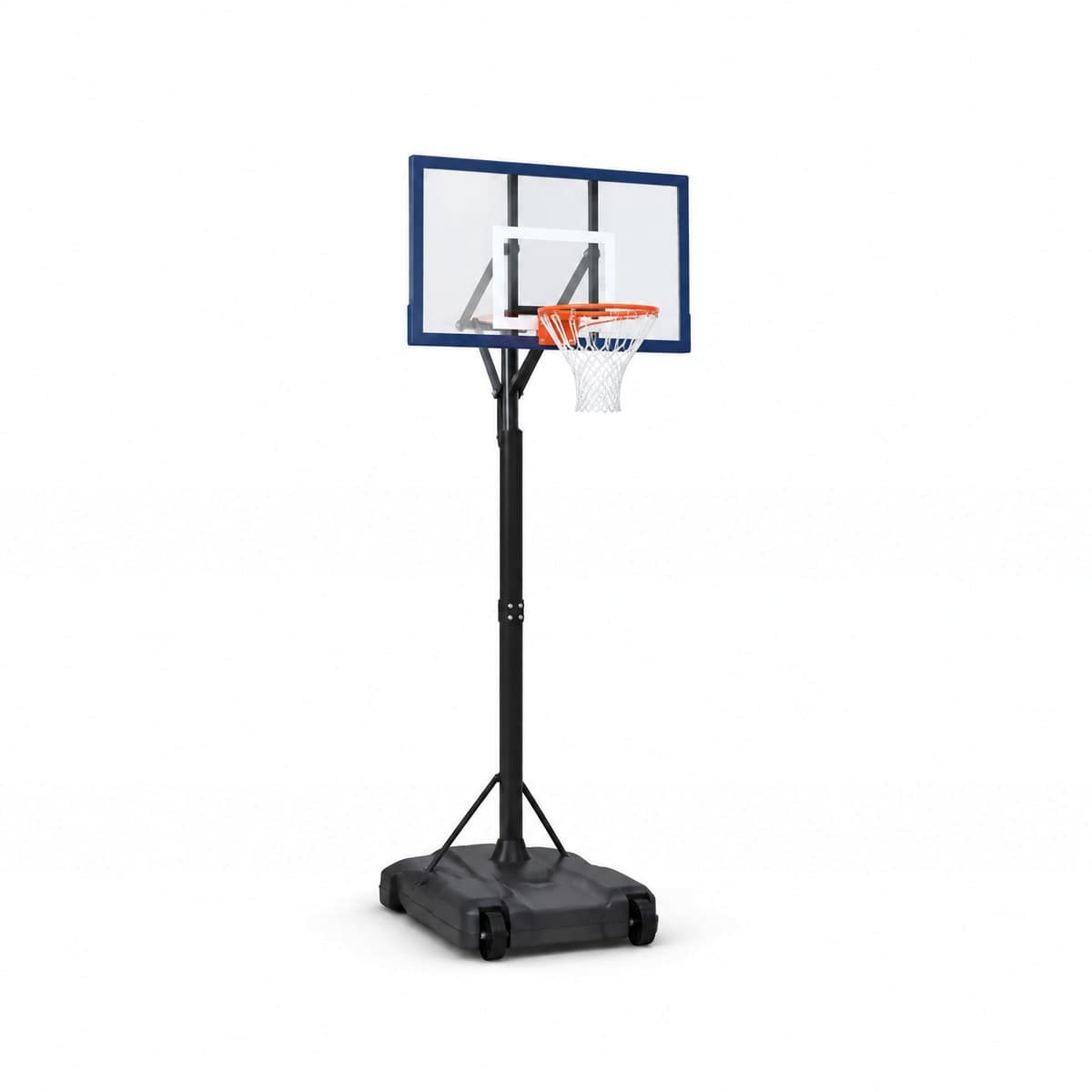 A portable basketball hoop: a clear backboard with a navy border and white square, an orange rim with a white net, a black pole and a black wheeled base
