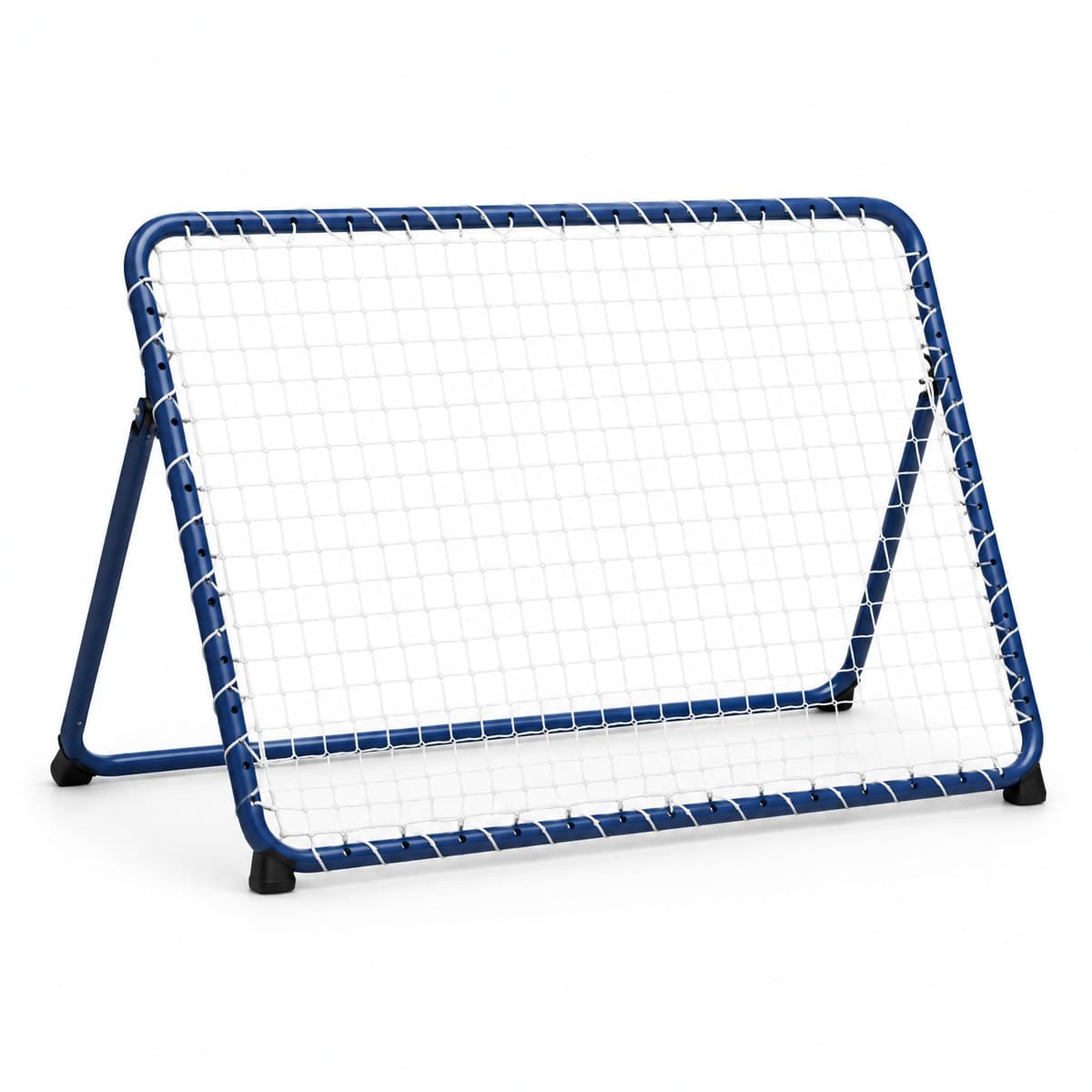 A soccer rebounder with a navy steel frame and a white net laced on with cord ties, tilted back on its rear stand