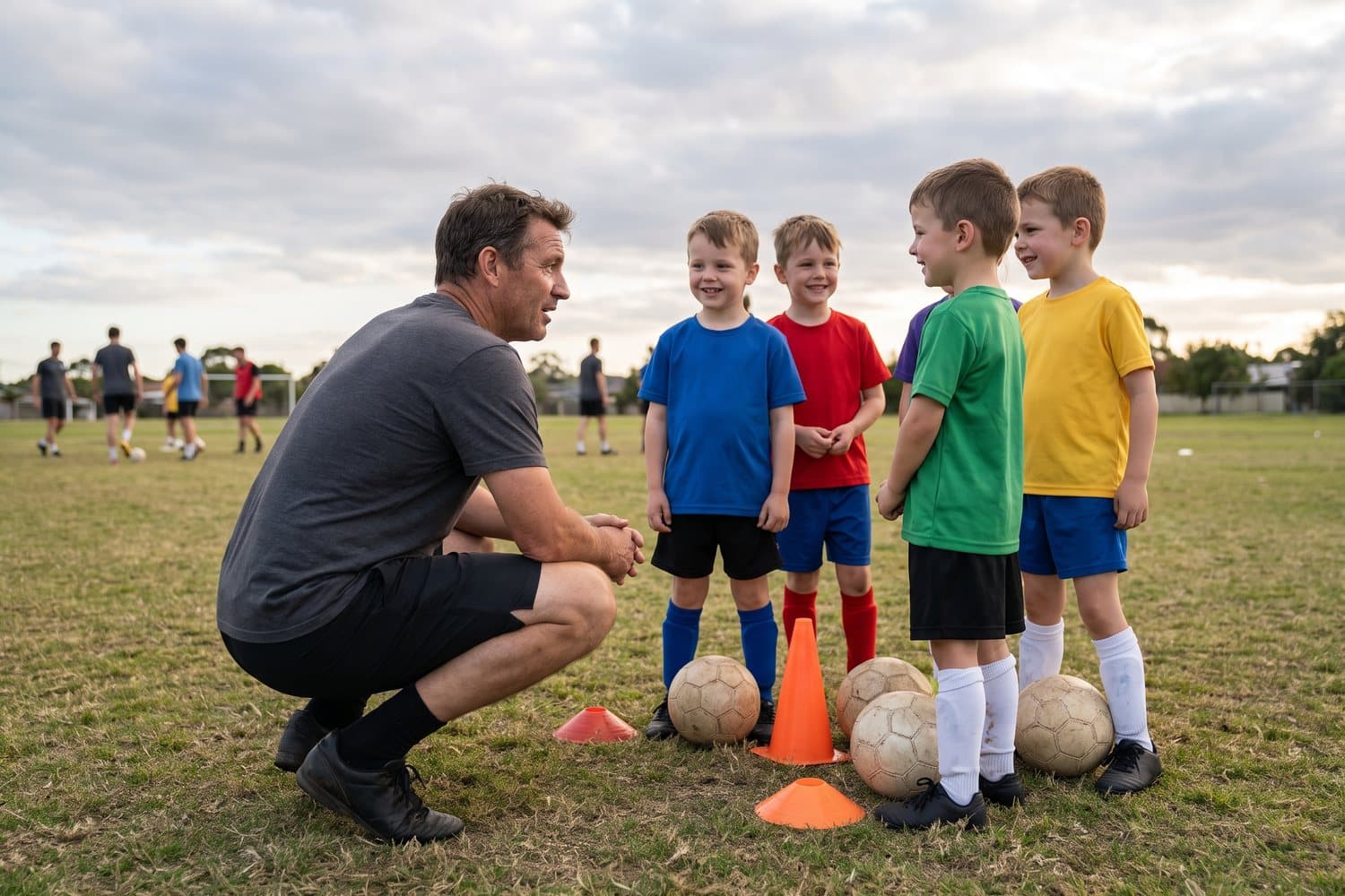 A coach in a grey t-shirt crouching to talk with five kids on a grass field, balls and orange cones at their feet