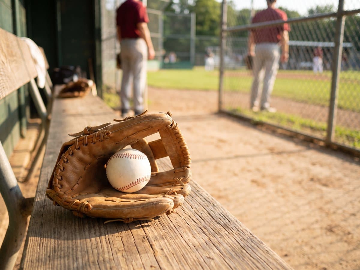 A tan leather baseball glove holding a white baseball on a wooden dugout bench, a sunlit ball field behind it