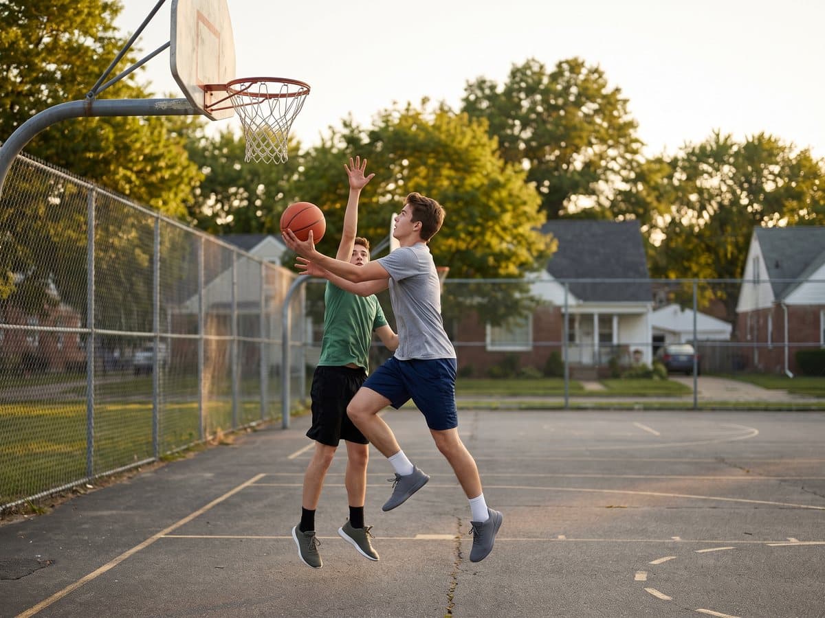 A young man leaping toward the hoop with an orange ball on an outdoor neighborhood court while a friend defends