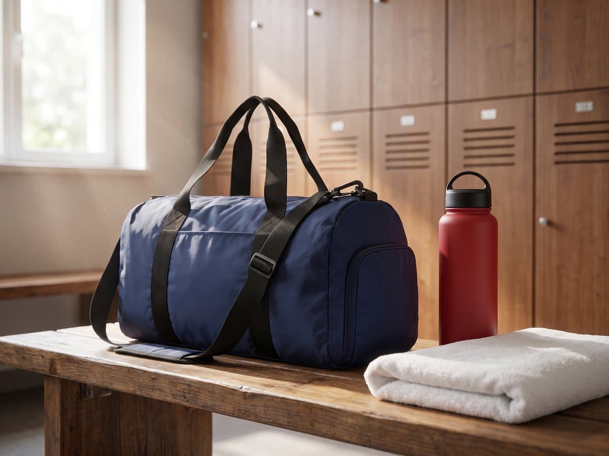 A navy duffel bag with black straps and a red steel water bottle on a wooden locker room bench beside a folded white towel