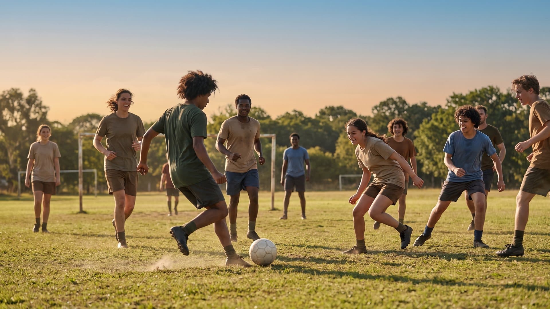 Teenagers and adults playing a pickup soccer game on a community field at golden hour, one player striking a white ball
